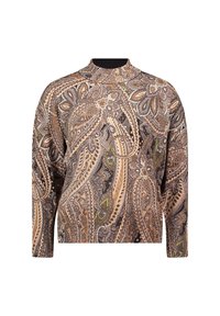 Sweter z długim rękawem i wysokim kołnierzem, z misternymi brązowymi, beżowymi i zielonymi wzorami paisley na czarnym tle.