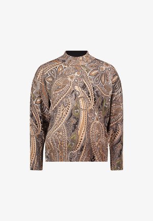 Sweter z długim rękawem i wysokim kołnierzem, z misternymi brązowymi, beżowymi i zielonymi wzorami paisley na czarnym tle.