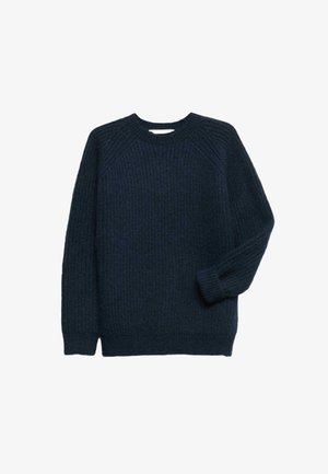 Dunkelblaues Strickpullover mit gerippter Textur, Rundhals und Raglanärmeln. Verfügt über eine lockere Passform und einen weichen, dicken Stoff.