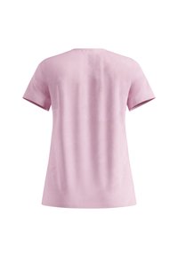 Hellrosa kurzärmeliges Sportshirt mit dezent strukturierter Stoffoberfläche und kleinem vertikalem Markenlogo in der oberen Rückenmitte.