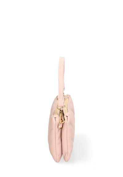 Sac à main en cuir rose rembourré avec fermeture éclair et accents en métal dor é. Dispose d'une seule bandoulière cousue.