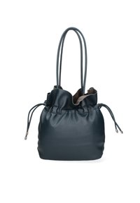 Borsa tote in pelle blu con coulisse, dotata di due manici lunghi, bordo arricciato e texture liscia. Presenta dettagli metallici sui cordoncini.