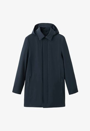 Marineblauer Regenmantel mit Kapuze, verdecktem Frontreißverschluss, Kragen und zwei seitlichen Reißverschlusstaschen, langen Ärmeln und geradem Saum.