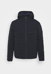 Granatowa pikowana kurtka puchowa z kapturem, o pikowanej fakturze i przednim zamkiem błyskawicznym. Posiada logo na piersi oraz elastyczne mankiety. Lekka konstrukcja.