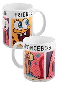 Tazza in ceramica bianca con grafiche colorate in stile cartone animato di personaggi. Include il testo "SpongeBob e Amici" e sfondi decorati in tonalità vivaci.