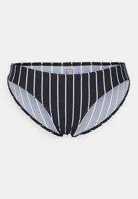 Bikini donji dio s crno-bijelim prugama, glatke teksture, s naglašenim krojem i diskretnom elastičnom strukom.