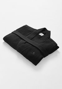 Black kimono-style robe with a textured fabric, featuring a wrap design and a matching belt. Includes a small label near the collar.