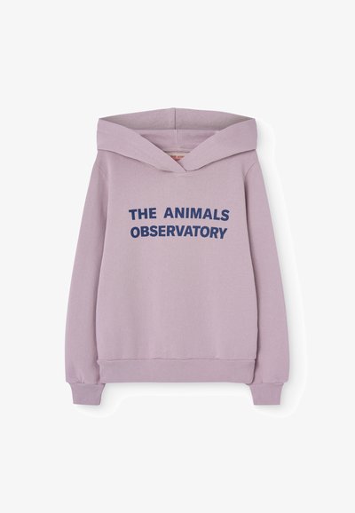 Light purple hooded sweatshirt made of soft fabric featuring a navy blue graphic text "THE ANIMALS OBSERVATORY" across the front.