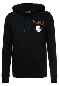 Fekete kapucnis felső, elülső zsebbel, húzózsinórral ellátott kapucnival és színes Popeye grafikával a bal mellrészen. Puha, textúrált anyagból készült.