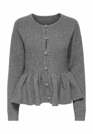 Cardigan en tricot gris avec un col rond, fermeture à boutons, design peplum et texture côtelée. Présente cinq boutons à l'avant.