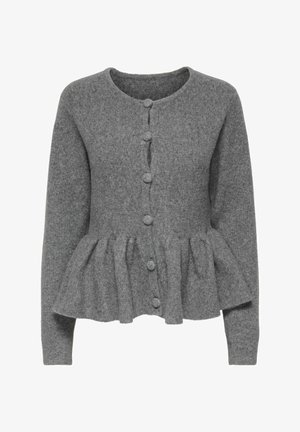 Hallkudumist kardigan halli värviga, ümmarguse kaelusega, nupulukuga, peplumi disainiga ja soonikkoes. Ees on viis nuppu.