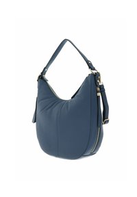 Sac hobo en cuir bleu avec une forme douce et arrondie, accents en matériel doré et une sangle ajustable. Dispose d'un compartiment zippé pour un rangement sécurisé.