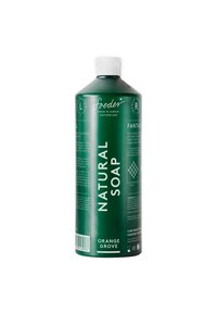 Grüne zylindrische Flasche mit natürlicher Seife und einem weißen Deckel. Auf der Vorderseite stehen fettgedruckte Texte "NATÜRLICHE SEIFE" und "ORANGENHAINE".