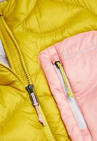 Geltoni ir rožiniai siūti striukės skyriai su matomais užtrauktukais, užtrauktukų atlenkimais ir ant rožinės medžiagos išsiuvinėtu užrašu „Peak Performance“.