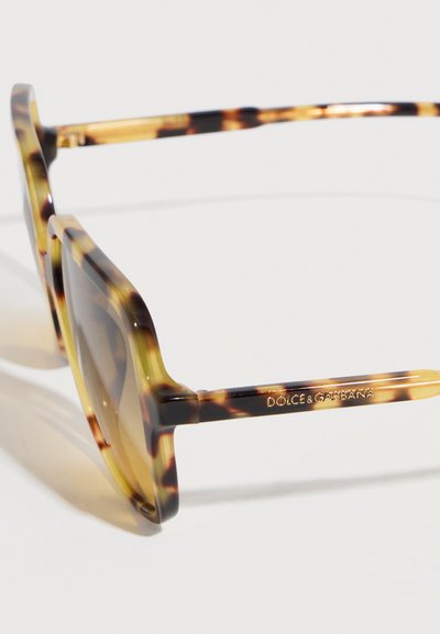 Τετράγωνα γυαλιά ηλίου καφετί με καφέ φακούς και το λογότυπο Dolce & Gabbana στο πλαϊνό μπράτσο, απεικονισμένα από ελαφρώς πλάγια γωνία.