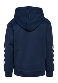 Marineblauwe hoodie met lange mouwen, voorzien van witte diagonale strepen op de mouwen en een gestructureerde stof. Achteraanzicht.