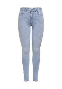 Lyseblå skinny jeans laget av denim. Funksjoner inkluderer fem lommer, knapp- og glidelås-lukking, og subtile falminger langs bena.