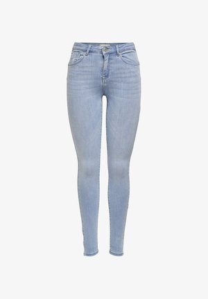 Lichtblauwe skinny jeans van denim. Kenmerken zijn onder andere vijf zakken, een knoop- en ritsluiting en subtiele vervaging langs de benen.
