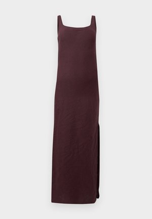 Sleeveless dark purple maxi dress with square neckline and side slit on plain background.