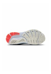 Semelle de chaussure de course Brooks avec un design segmenté, une base blanche, des accents rouges et des motifs texturés pour la traction et la flexibilité.
