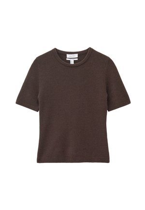 Brown short-sleeve sweater made of soft material, featuring a round neckline and ribbed cuffs and hem, with a simple solid design.