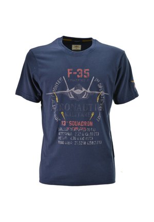 T-shirt blu navy con grafica di un caccia F-35, testo della squadriglia e specifiche dell'aviazione militare sulla parte anteriore.