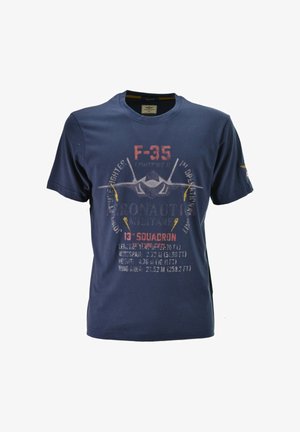 T-shirt blu navy con grafica di un caccia F-35, testo della squadriglia e specifiche dell'aviazione militare sulla parte anteriore.