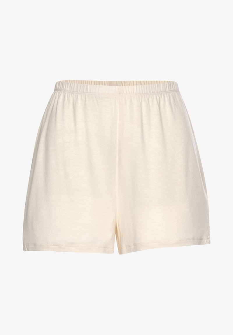 Béžové bavlnené šortky s elastickým pásom. Hladká textura, dizajn po kolená, základný strih, žiadne vzory ani dodatočné kovové prvky viditeľné.