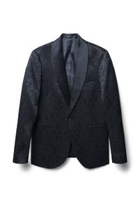Giacca da smoking nera con un motivo ornamentale in rilievo, rever in satin, chiusura con un solo bottone e tasche laterali. Tessuto dalla consistenza liscia.