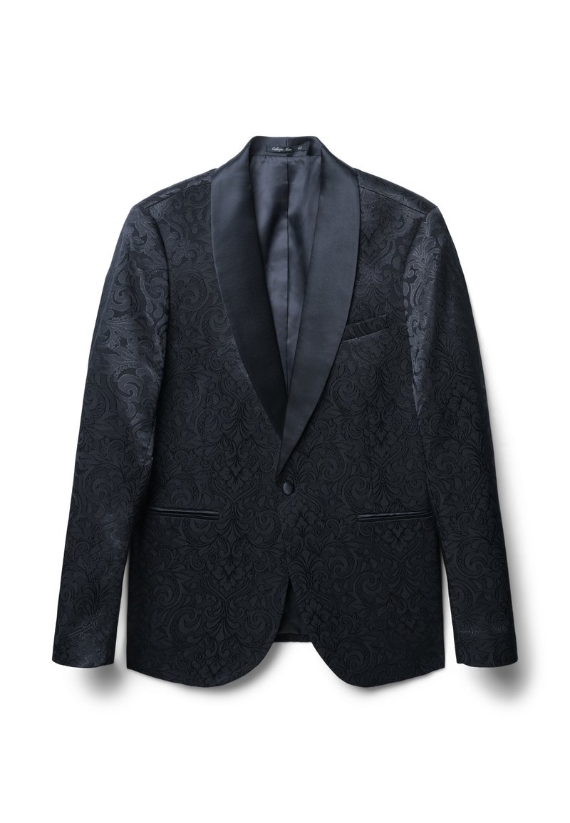Giacca da smoking nera con un motivo ornamentale in rilievo, rever in satin, chiusura con un solo bottone e tasche laterali. Tessuto dalla consistenza liscia.