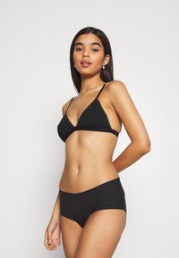 Zwart bikini set bestaande uit een driehoekige bralette met dunne bandjes en bijpassende low-rise briefs. Gladde textuur, minimalistisch ontwerp, geen patronen.