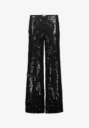 Schwarze, weite Hose mit einem strukturierten, geschichteten Design. Der Stoff zeigt vertikale Streifen und hat ein reflektierendes, glänzendes Finish.