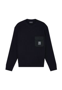 Felpa nera a maniche lunghe con collo rotondo e una tasca a pattina sul petto sinistro, caratterizzata da una piccola etichetta rettangolare.