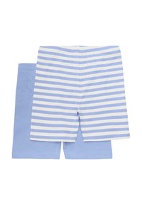 Blauw-witte gestreepte zwemshorts voor kinderen met een elastische tailleband en een effen blauwe achterkant. Gemaakt van snel drogend materiaal.