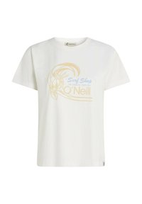 White cotton t-shirt featuring a graphic design with a surf motif. Includes text in blue and yellow, short sleeves, and a relaxed fit.