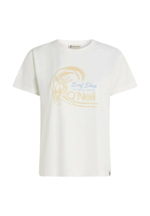 Wit katoenen T-shirt met een grafisch ontwerp met een surfmotief. Voorzien van tekst in blauw en geel, korte mouwen en een losse pasvorm.