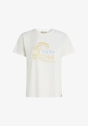 Wit katoenen T-shirt met een grafisch ontwerp met een surfmotief. Voorzien van tekst in blauw en geel, korte mouwen en een losse pasvorm.