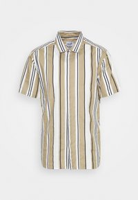 Korte mouw shirt van lichtgewicht stof. Beschikt over verticale strepen in beige, wit en zwart. Klassieke kraag, knoopsluiting aan de voorkant.