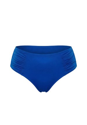 Bas de bikini bleu vif taille haute avec panneaux latéraux froncés, conçus pour la natation et la plage.