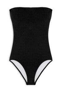 Mustat olkaimettomat uimapuvut, joissa on sileä kangaspinta, korkeat lahkeiden aukot ja yksivärinen muotoilu, jossa on valkoinen vuori sisäpuolella.