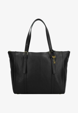 Sac fourre-tout en cuir noir avec deux longues poignées, doté d'un accent clé en ton doré et d'un design structuré. Texture lisse avec fermeture à glissière.