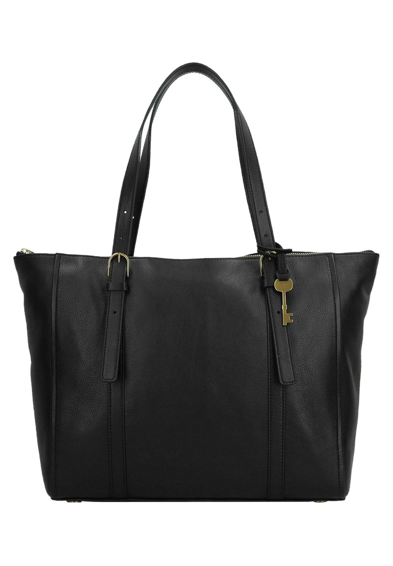 Borsa tote in pelle nera con due manici lunghi, caratterizzata da un accento a forma di chiave dorata e design strutturato. Texture liscia con chiusura a zip.