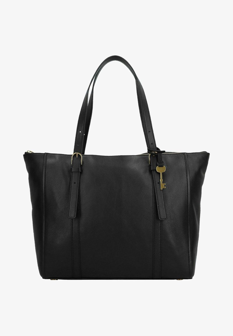 Borsa tote in pelle nera con due manici lunghi, caratterizzata da un accento a forma di chiave dorata e design strutturato. Texture liscia con chiusura a zip.