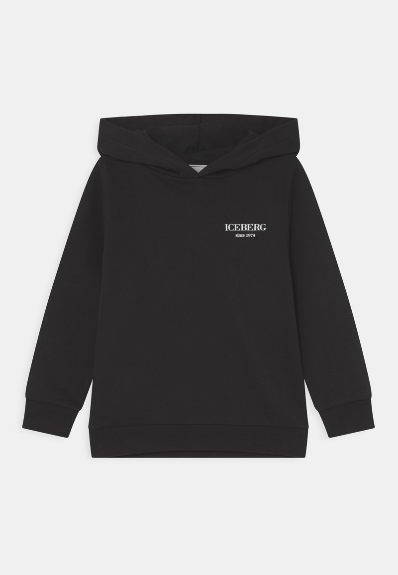 Czarna bluza z kapturem wykonana z bawełny, z kieszenią typu kangurka, ściągaczami oraz logo z napisem "ICEBERG since 1974" w kolorze białym.