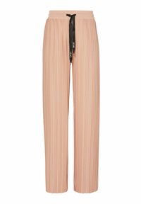 Pantaloni plissettati color pesca con vita elastica e cordino nero. Presentano una vestibilità rilassata e sottili righe verticali.