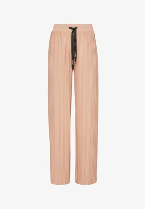 Pantaloni plissettati color pesca con vita elastica e cordino nero. Presentano una vestibilità rilassata e sottili righe verticali.