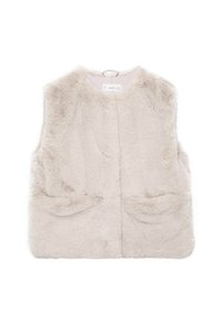 Lažni krzneni prsluk u svijetlo bež boji, s visokim izrezom, dva prednja džepa i kratkim, četvrtastim krojem. Mekana tekstura kroz cijeli prsluk.