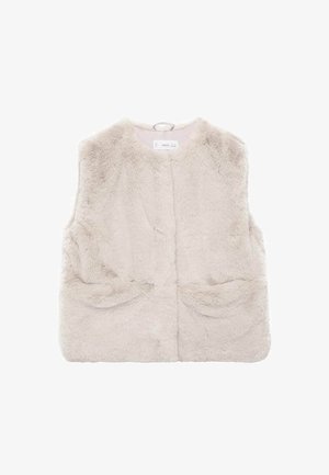 Gilet en fausse fourrure beige clair, avec un col montant, deux poches avant et une coupe courte et carrée. Texture douce dans l'ensemble.