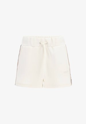 Shorts couleur crème avec taille élastique, cordon de serrage réglable et détail de logo. Tissu lisse avec des accents latéraux dans une teinte plus foncée.