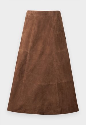 Brown suede A-line skirt with a smooth texture, featuring a panel design and a slightly flared silhouette. No visible hardware or accents.